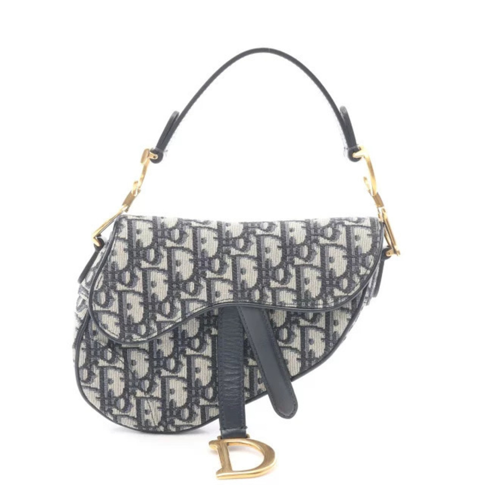 Dior Handbag Leather Navy Blue Bag Canvas Jacquard Ivory White Saddle Oblique - Picture 2 of 9